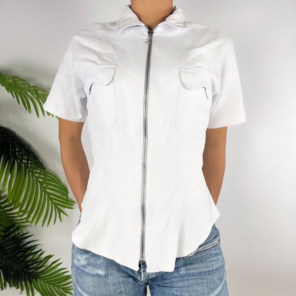 Vintage 90s Bill Blass Womens Plaid Short Sleeve Zip Up Cotton Blouse / Small - Picture 3 of 9